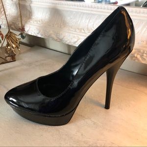 Call it spring black faux patent leather platform pumps